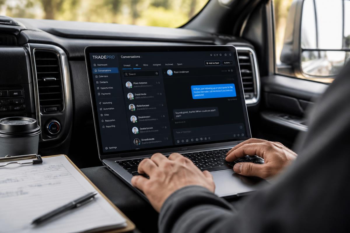 Laptop on a job site desk running the MegaBrain CRM messenger with active customer conversations