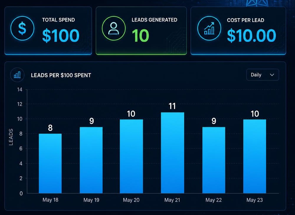 MegaBrain CRM campaign report showing $100 spend producing 10 leads at a $10 cost per lead, with a daily bar chart of 8 to 11 leads per $100 spent