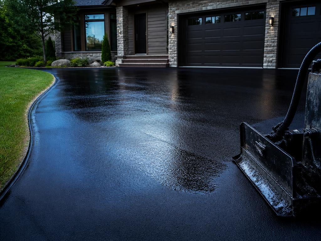 Freshly sealed blacktop driveway reflecting evening light