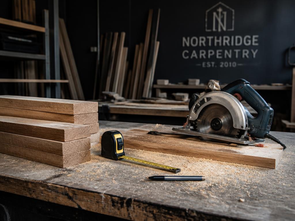 Circular saw, tape measure, and stacked lumber in a woodworking shop