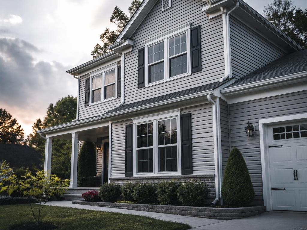 Suburban home facade with new siding, windows and gutters at dusk