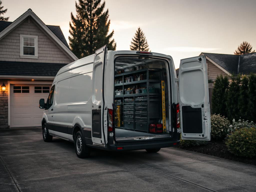 Service van in a suburban driveway with organized tool shelving in back