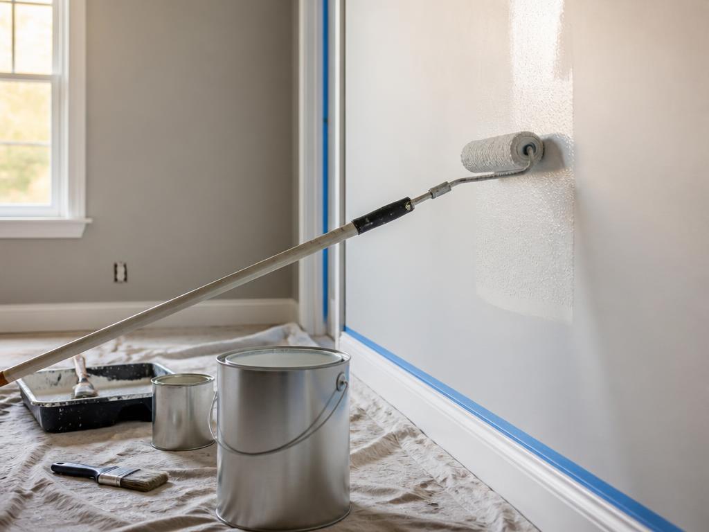 Interior painting job with roller, drop cloths and taped trim in natural light