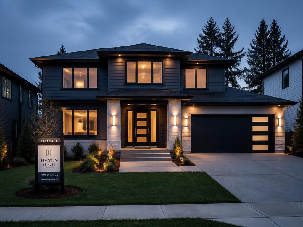 Modern home exterior at dusk with a for-sale sign in the front lawn