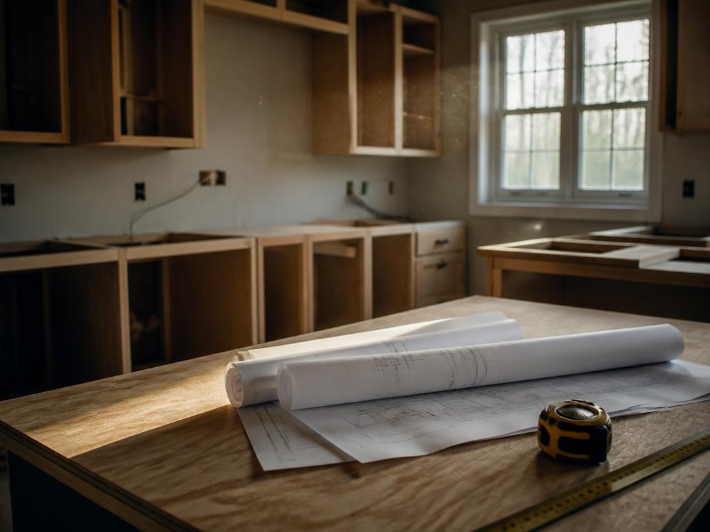Kitchen mid-renovation with blueprints and tape measure on a plywood counter