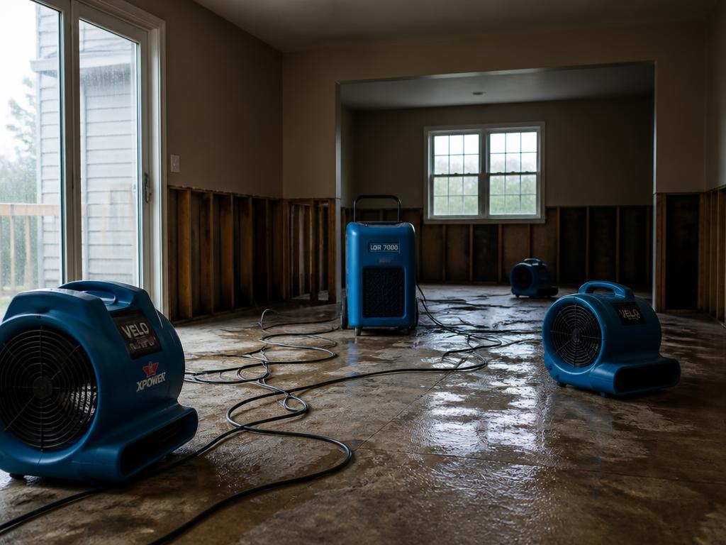 Air movers and a dehumidifier drying a water-damaged room