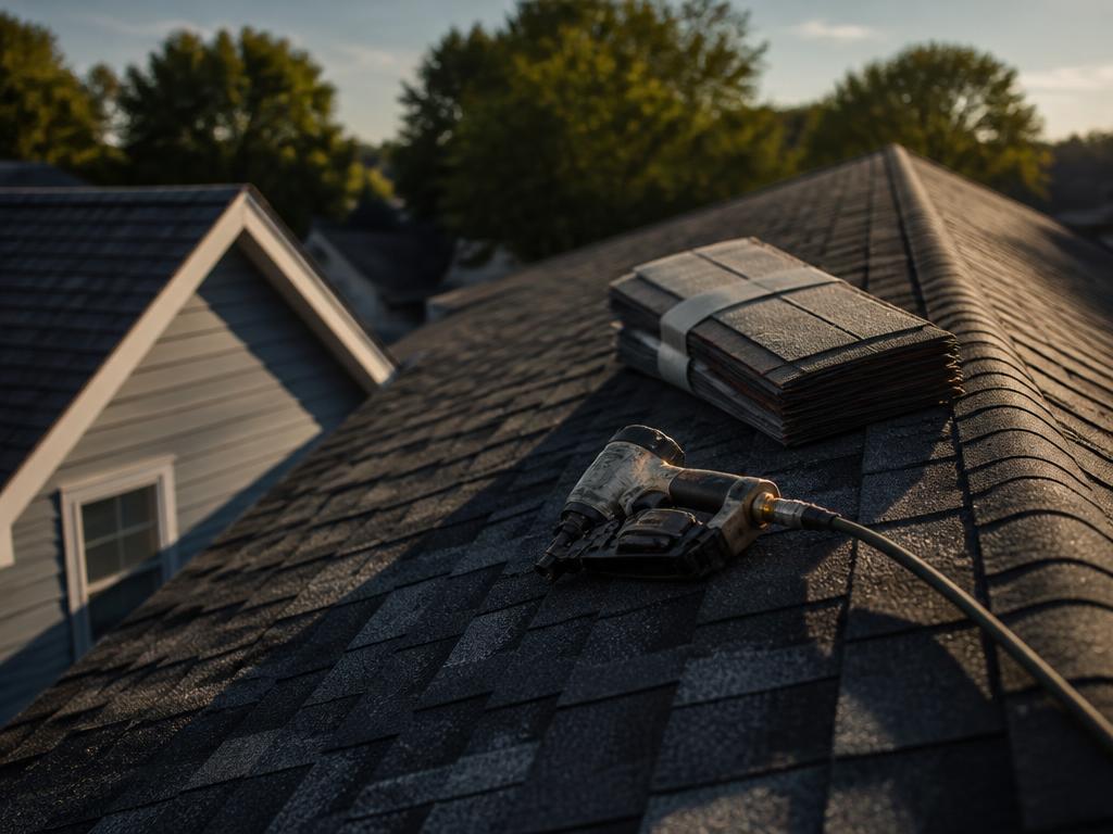 Newly installed shingle roof ridge with roofing tools at golden hour